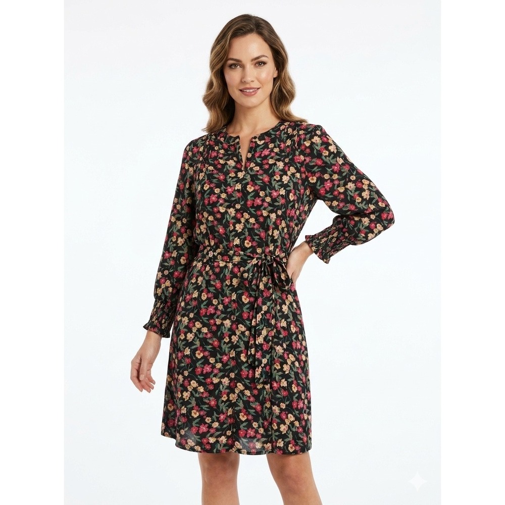 Draper James RSVP Dress Black Floral Smocked Cuff Tie Waist KD7032RT - Medium